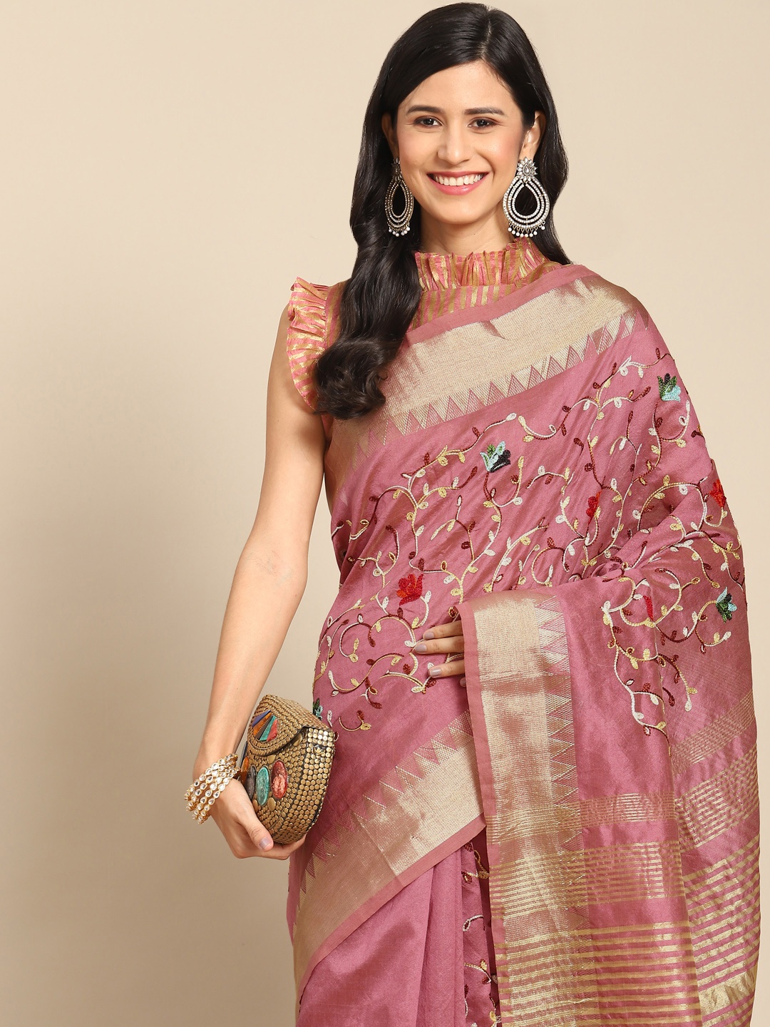 

RAJGRANTH Pink Floral Embroidered Zari Saree