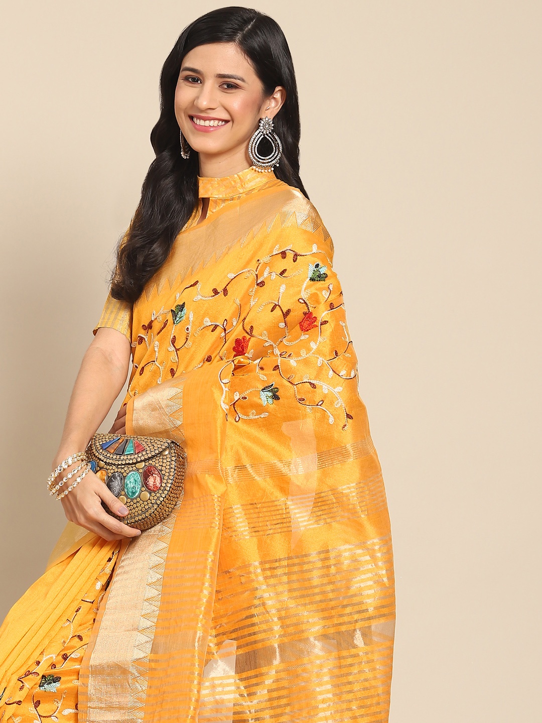 

RAJGRANTH Yellow Floral Embroidered Zari Saree