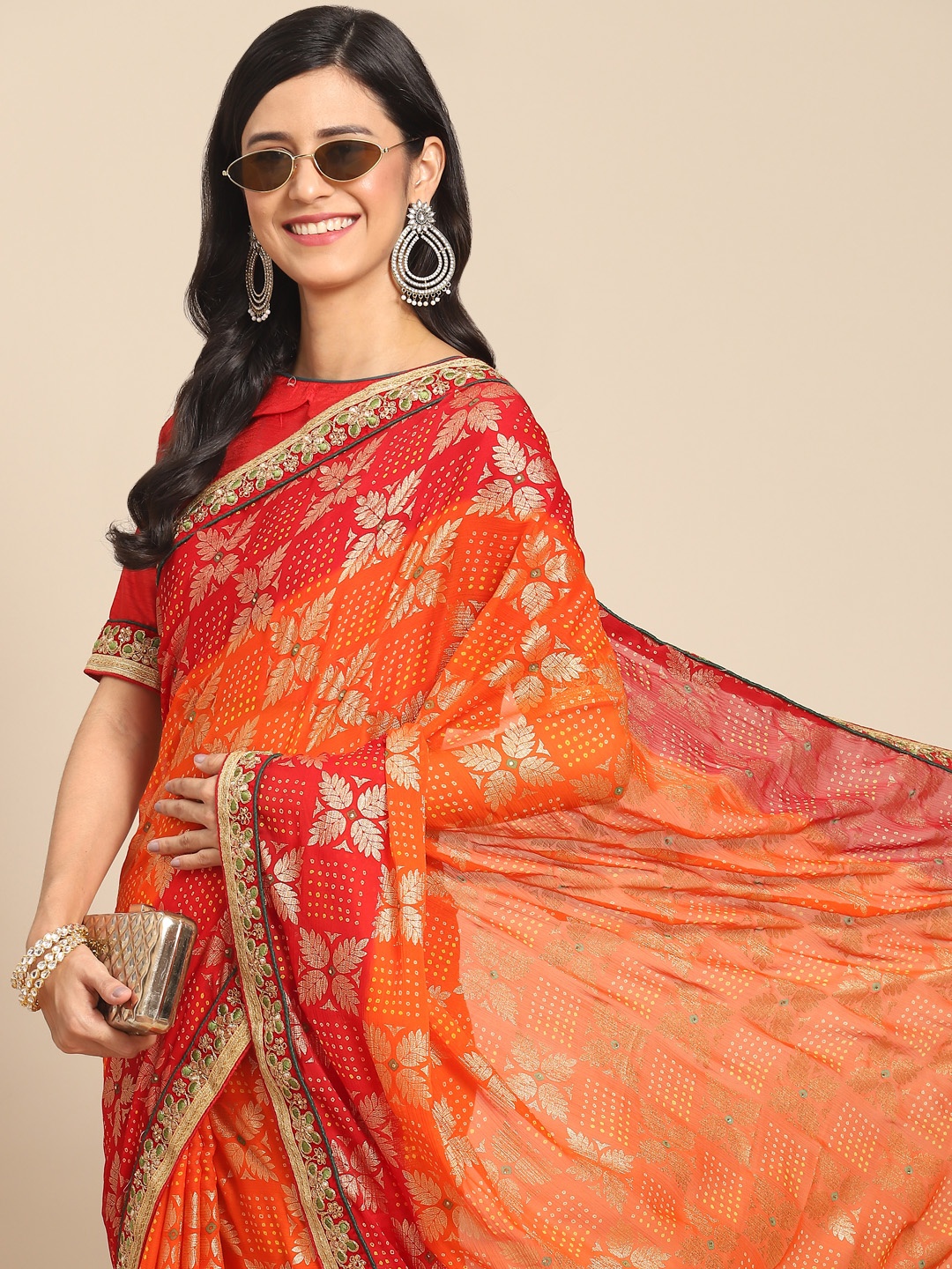 

RAJGRANTH Orange Bandhani Zari Saree