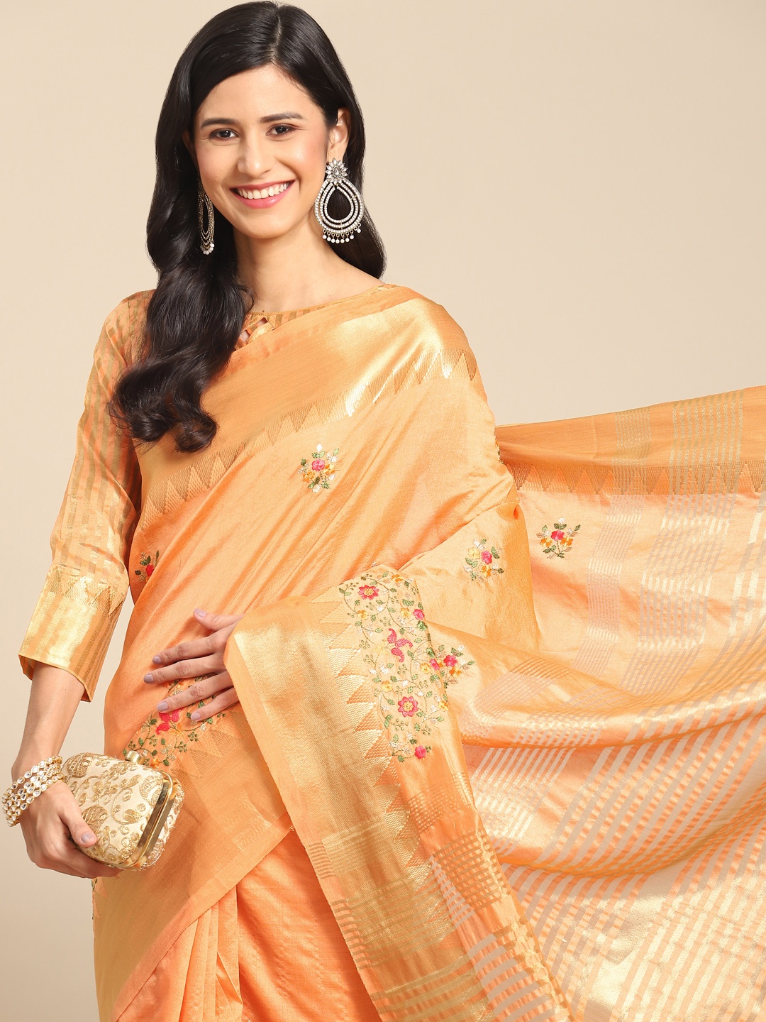 

RAJGRANTH Orange Floral Embroidered Zari Silk Cotton Saree