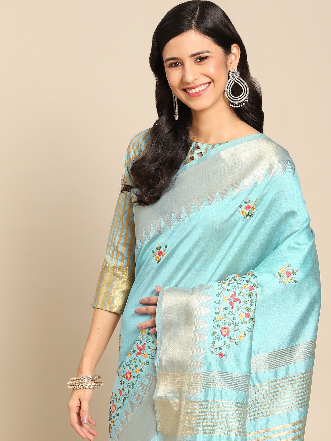 

RAJGRANTH Turquoise Blue Floral Embroidered Zari Silk Cotton Saree