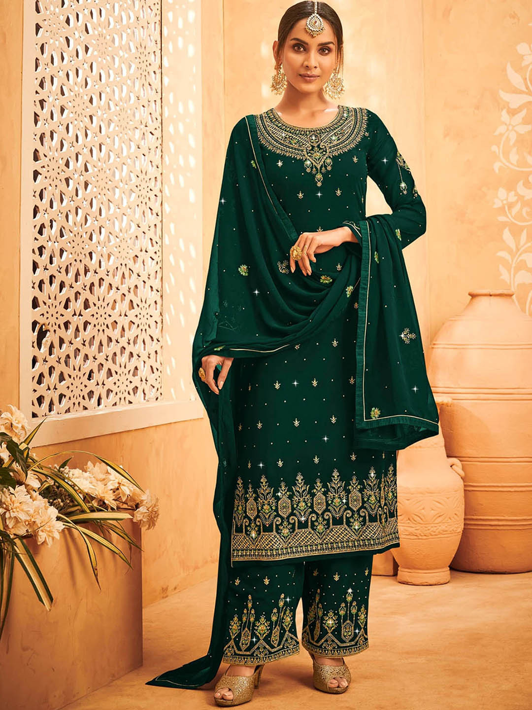 

ODETTE Women Green Embroidered Beads and Stones Semi Stitched Kurta with Trousers & Dupatta
