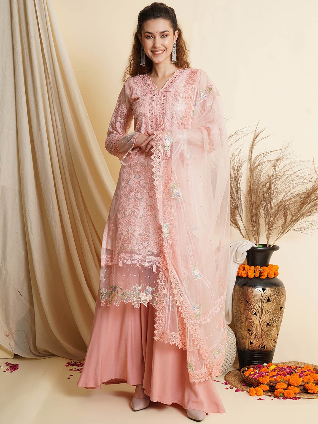 

ODETTE Women Pink Embroidered Thread Work Kurta with Sharara & With Dupatta