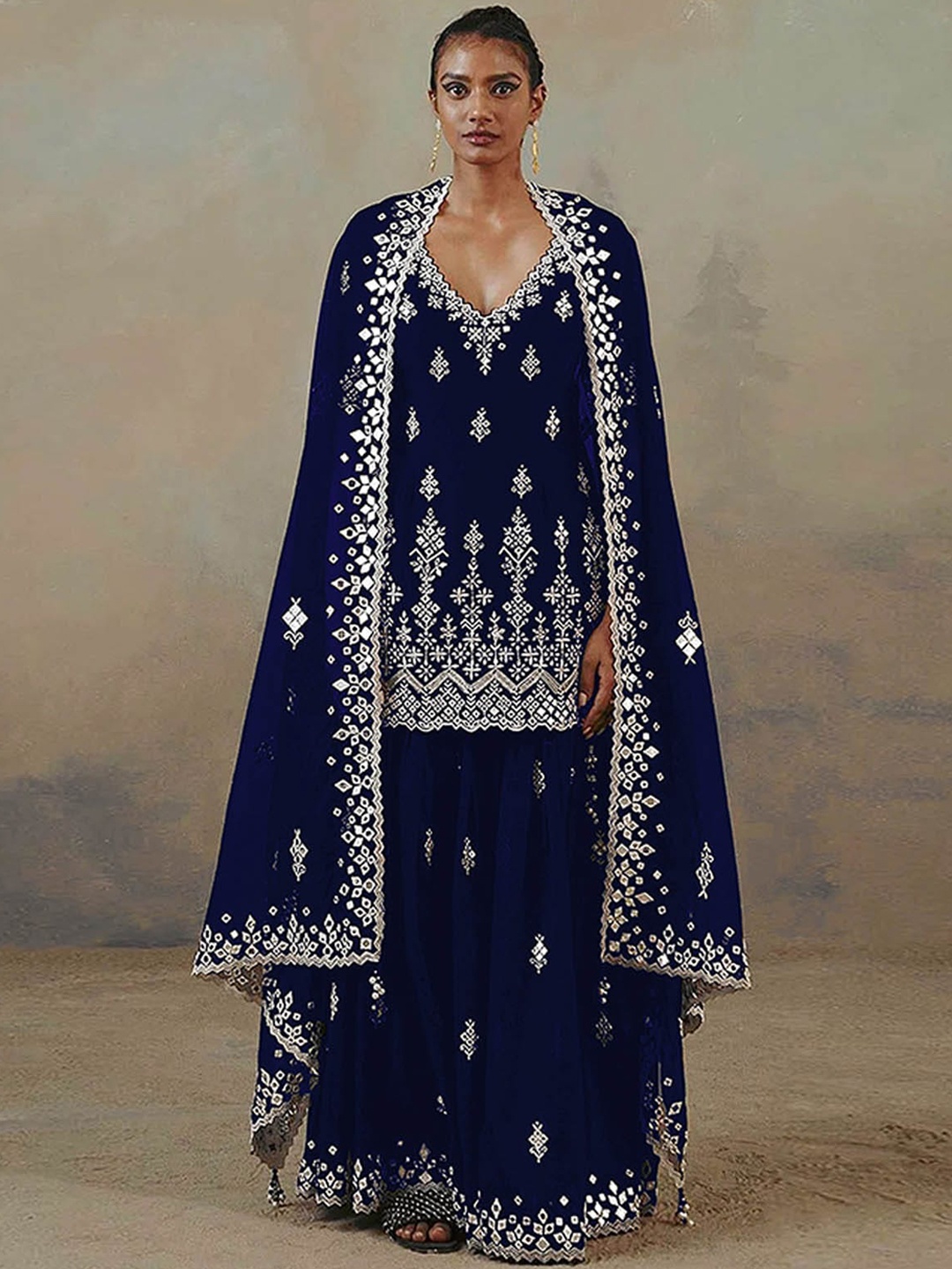 

ODETTE Women Navy Blue & Silver Ethnic Motifs Kurti with Sharara & With Dupatta