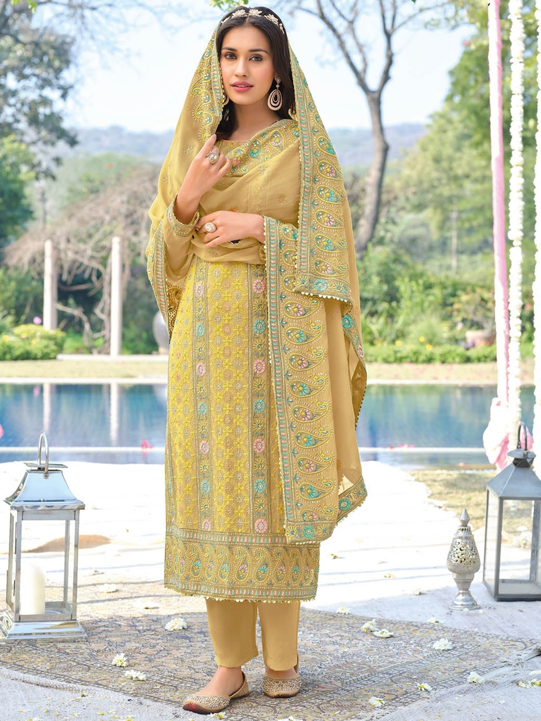

ODETTE Women Mustard Paisley Embroidered Semi Stitched Kurta with Trousers & Dupatta