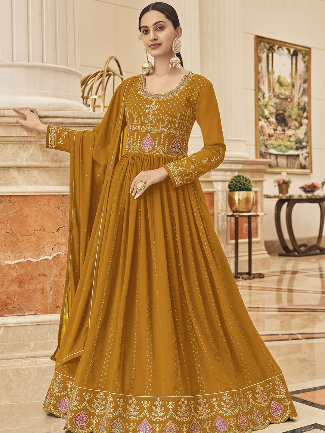 

ODETTE Women Mustard Yellow Floral Embroidered Kurta with Trouser & Dupatta