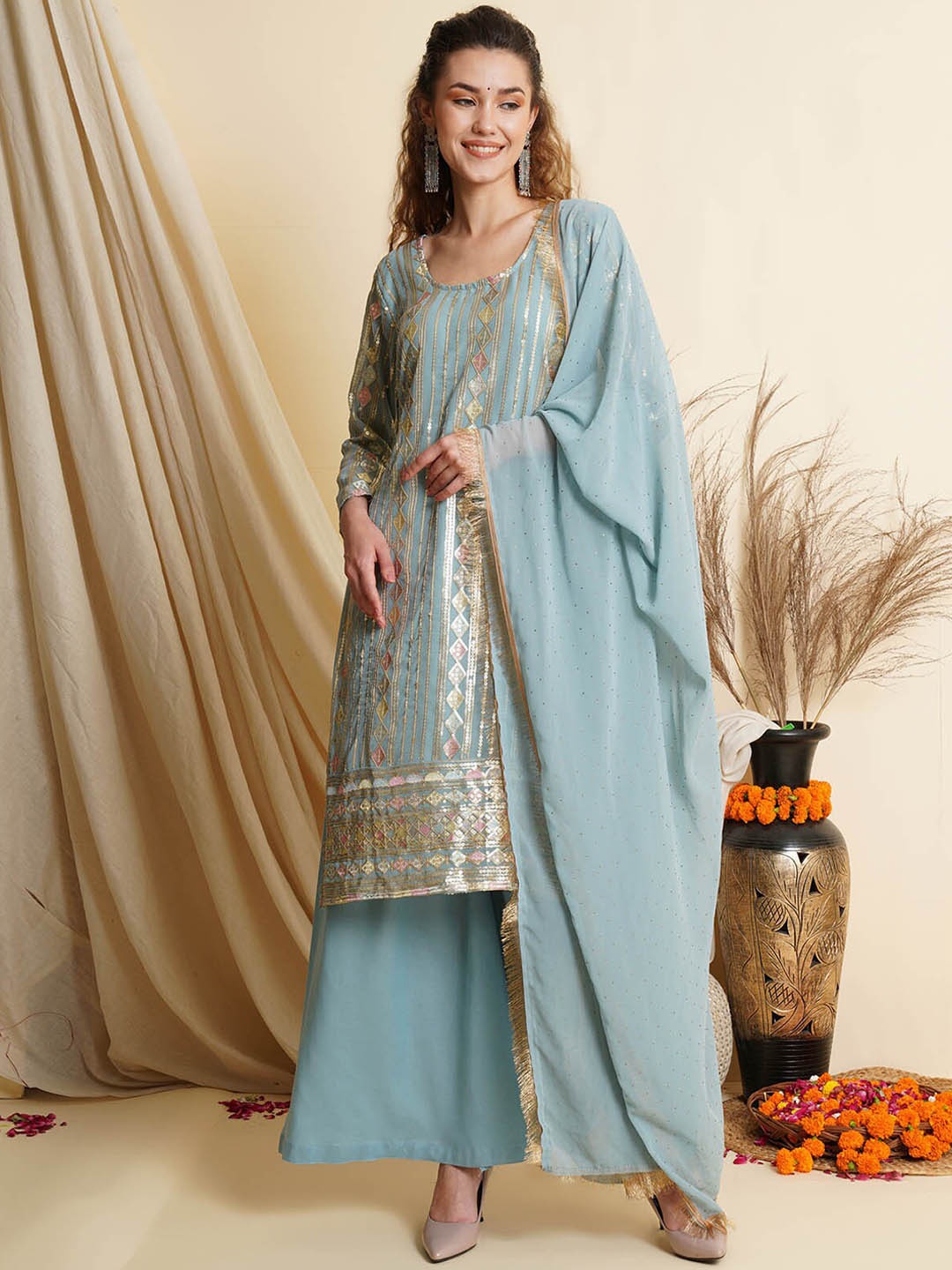 

ODETTE Women Blue Embroidered Kurta with Sharara & Dupatta