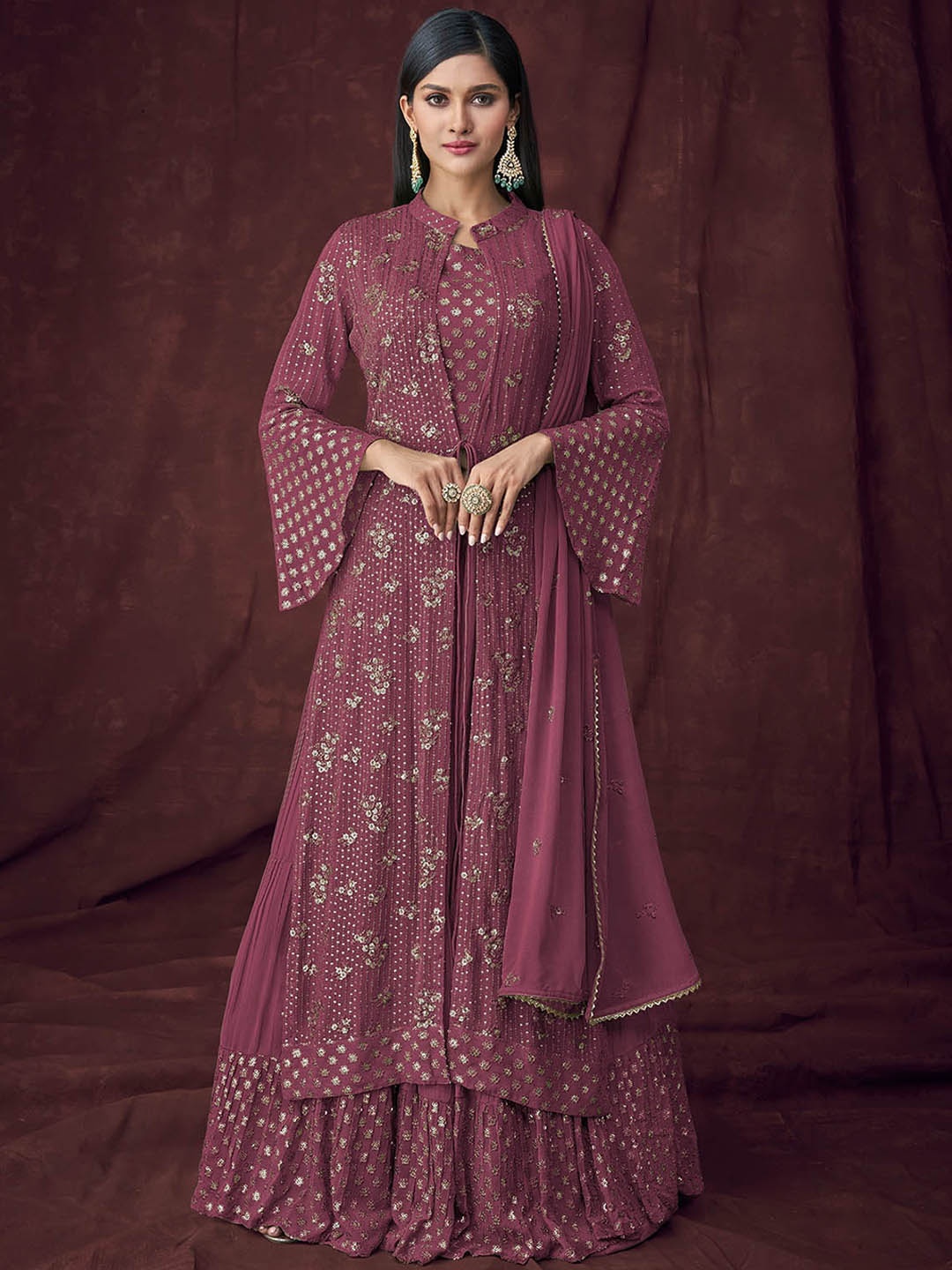 

ODETTE Ethnic Motifs Embroidered Sequinned Semi Stitched Kurta with Sharara & Dupatta, Purple