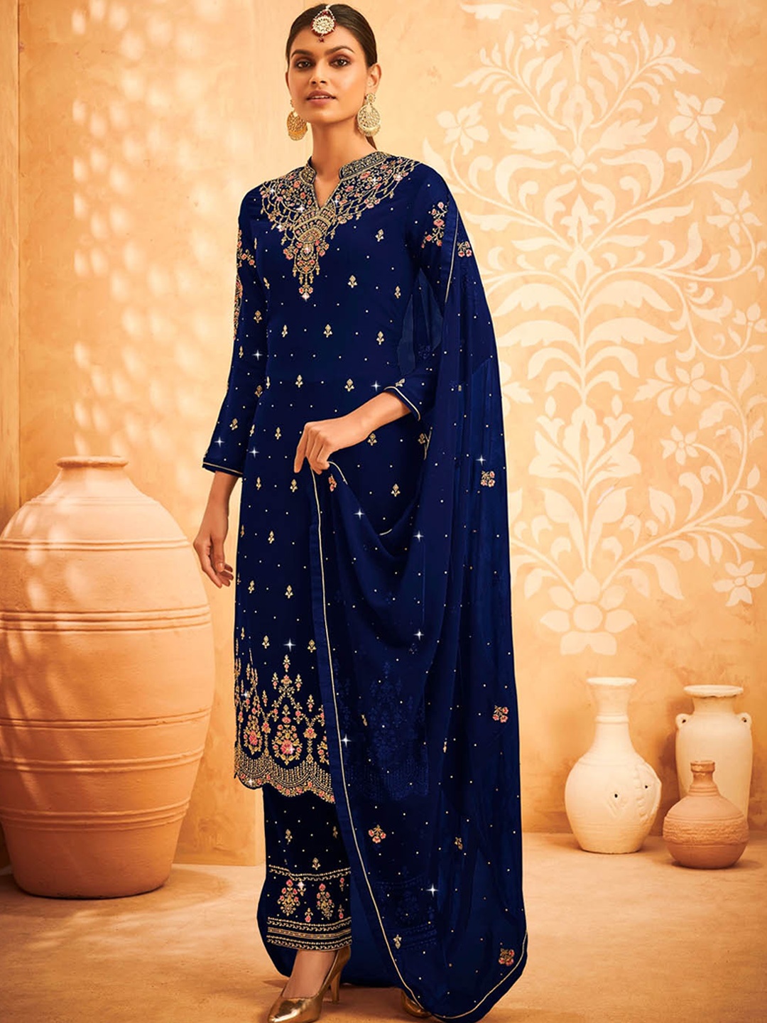 

ODETTE Women Navy Blue Floral Embroidered Thread Work Kurta with Trousers & With Dupatta