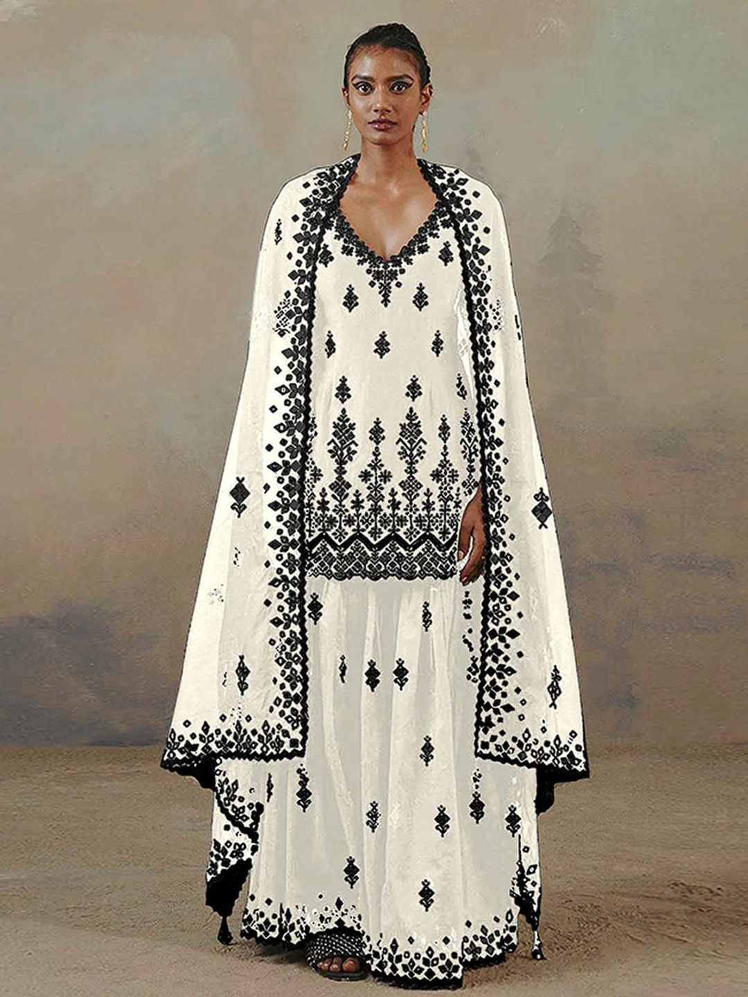 

ODETTE Women White Embroidered Semi Stitched Kurti with Sharara Dupatta