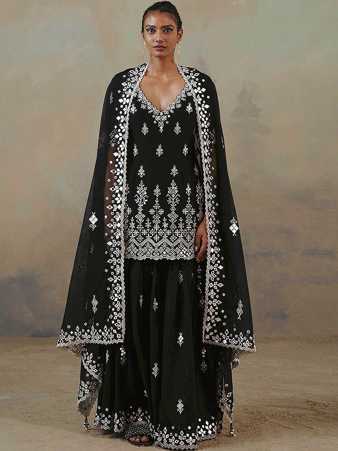 

ODETTE Women Black & White Embroidered Straight Semi Stitched Kurti with Sharara & Dupatta