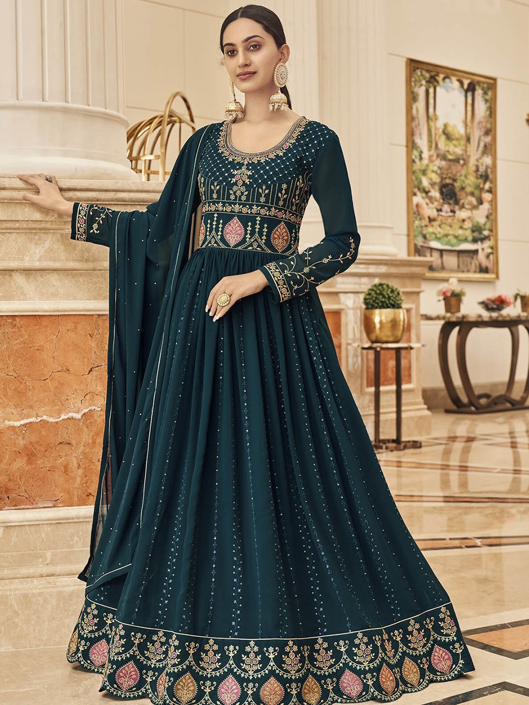 

ODETTE Women Teal Embroidered Pleated Thread Work Semi Stitched Kurta with Trousers With Dupatta