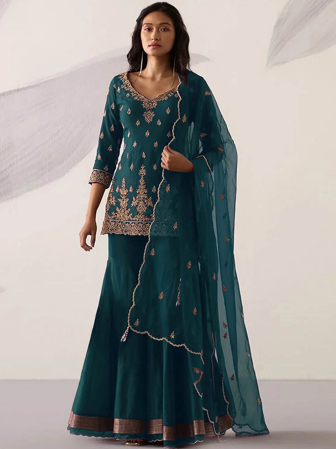

ODETTE Embroidered Straight Semi Stitched Kurti with Sharara With Dupatta, Teal