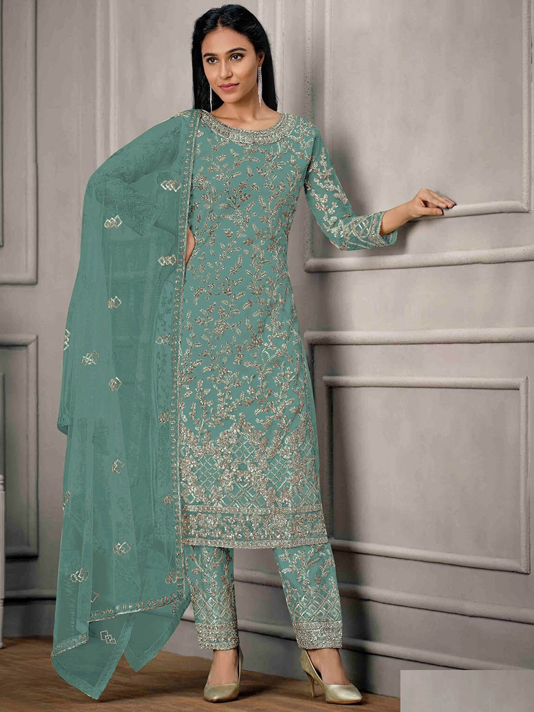 

ODETTE Embroidered Semi Stitched Kurta With Trousers Dupatta, Teal