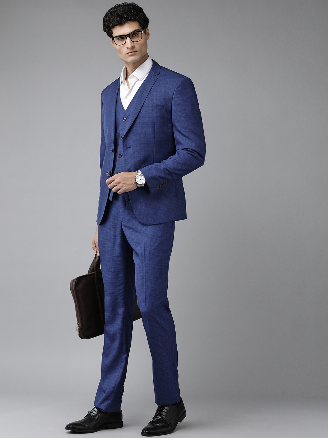 

V Dot Self Design Checked Super Slim Fit 3 Piece Formal Suit, Blue