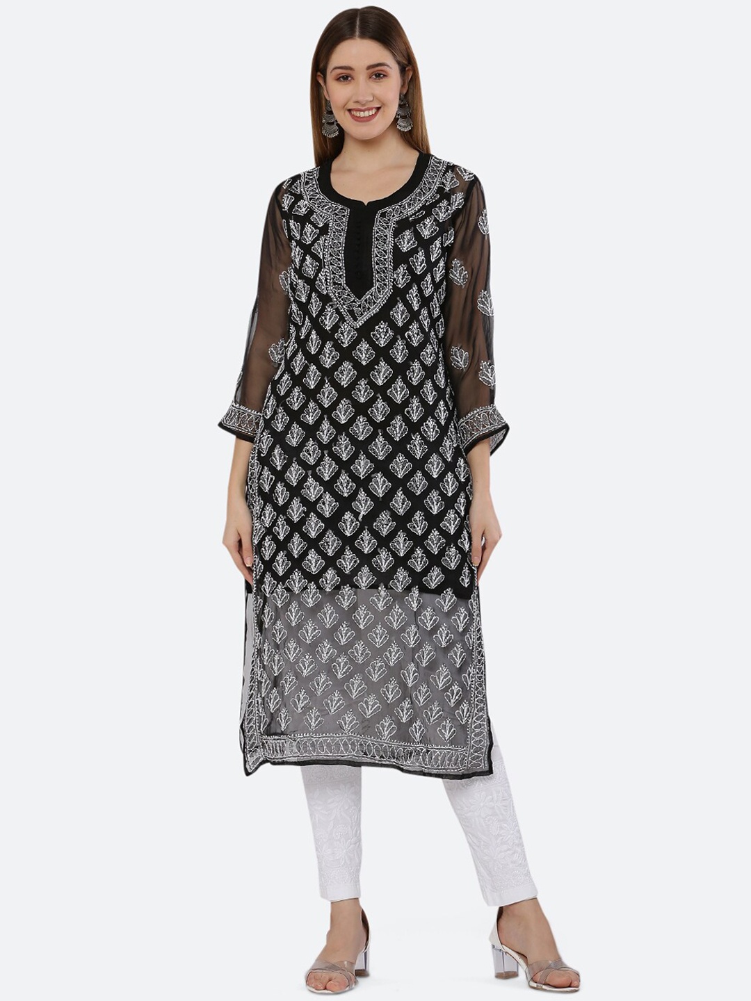 

FAWOMENT Women Black & White Embroidered Chikankari Georgette Straight Kurta