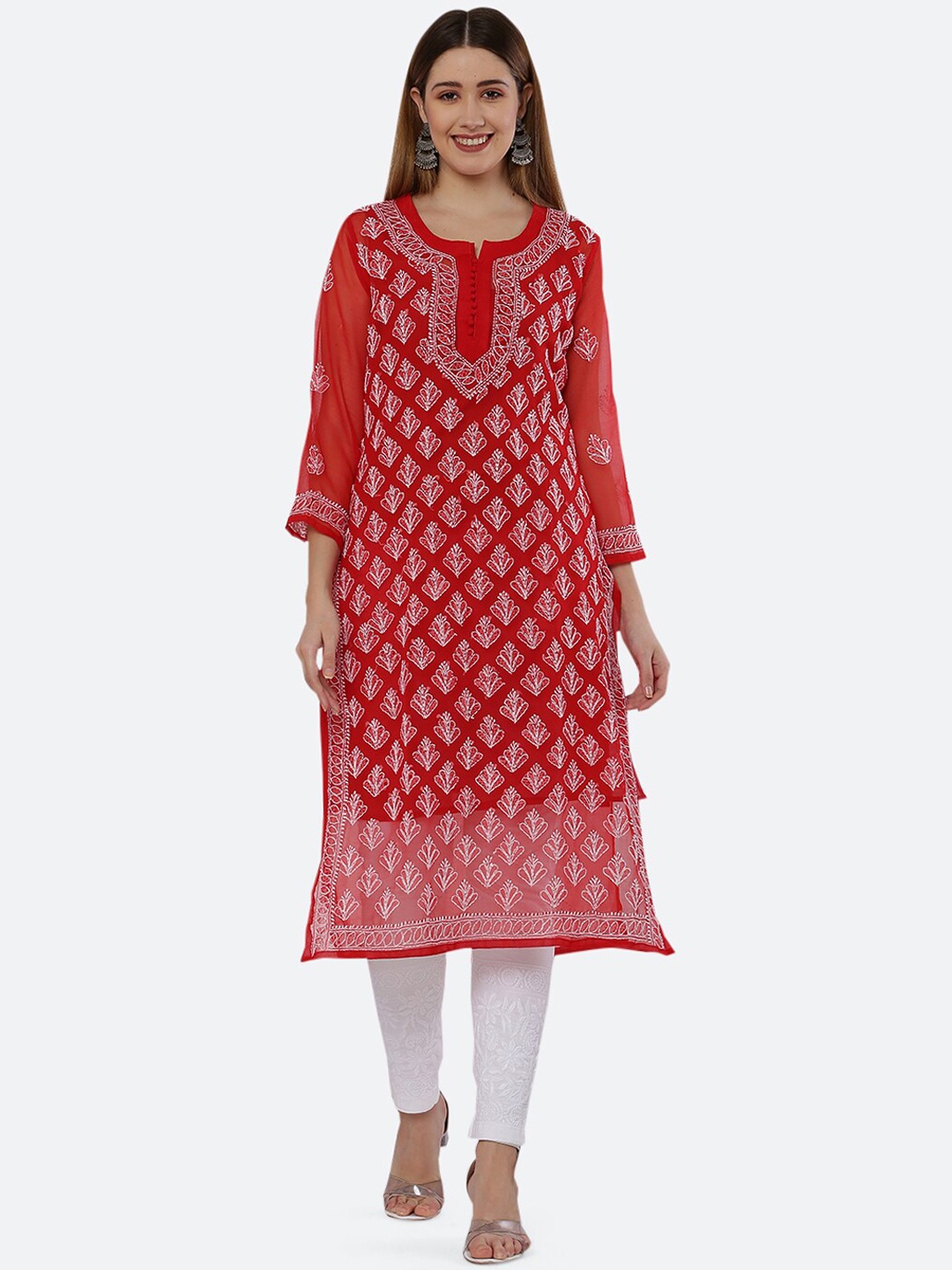

FAWOMENT Women Red Ethnic Motifs Embroidered Chikankari Georgette Kurta