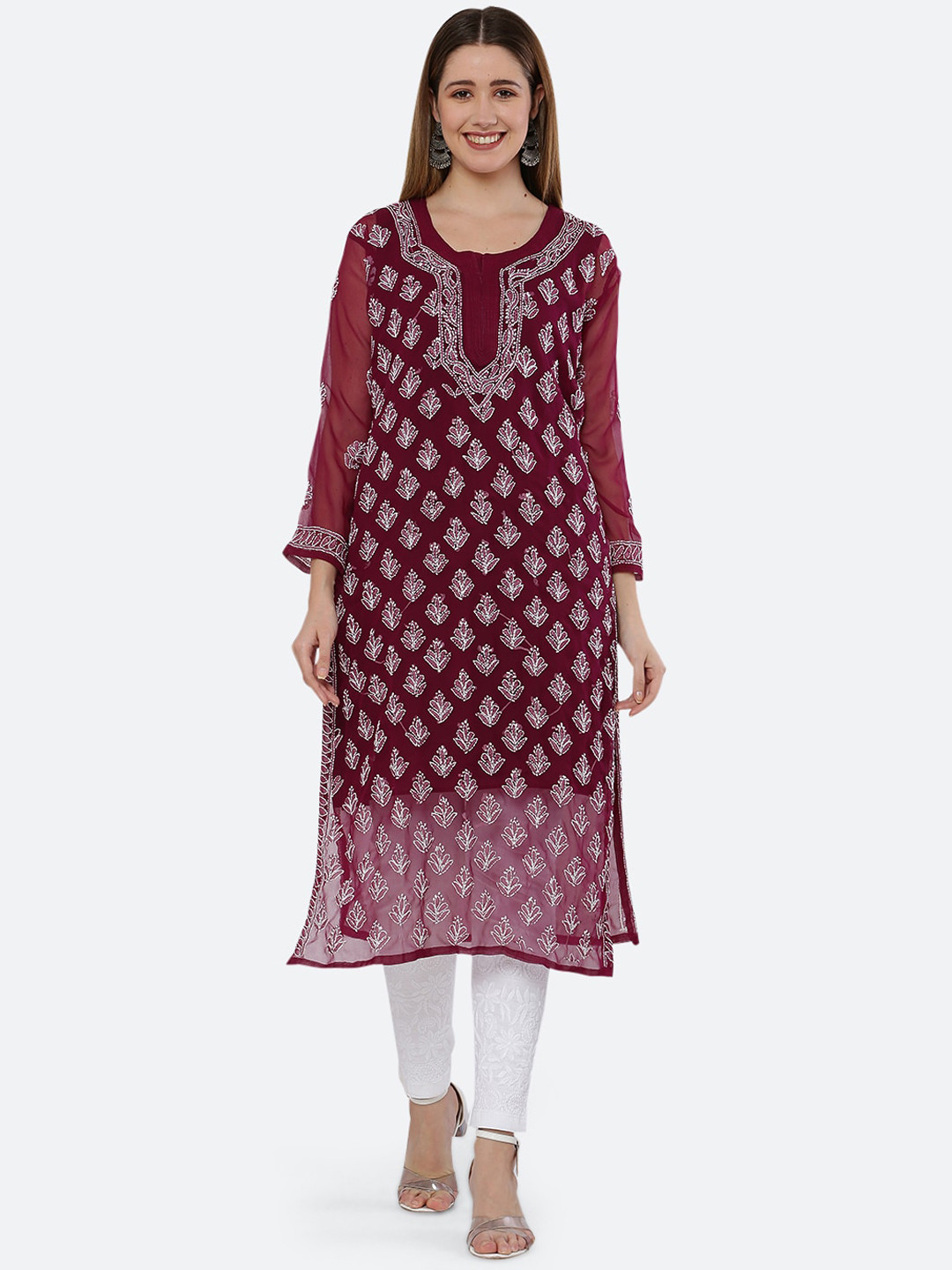 

FAWOMENT Women Maroon Ethnic Motifs Embroidered Chikankari Georgette Kurta