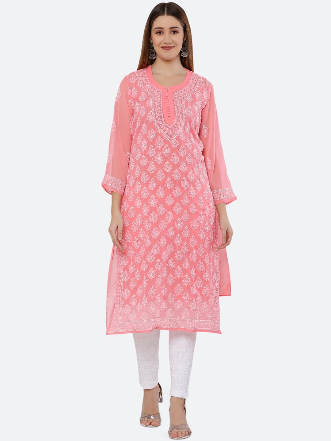 

FAWOMENT Women Pink Ethnic Motifs Chikankari Georgette Kurta