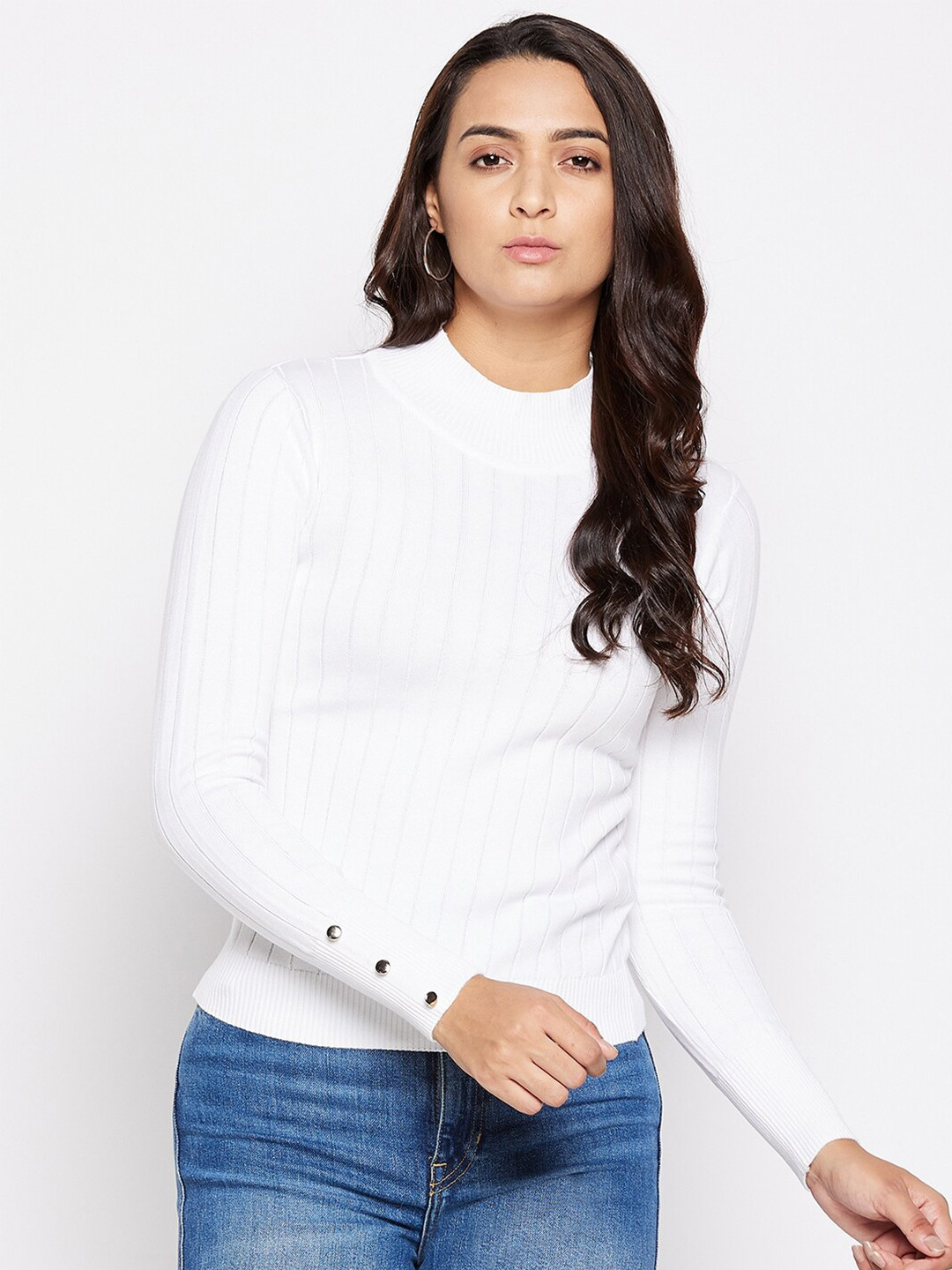 

Octave Women White Solid High Neck Pullover Sweater