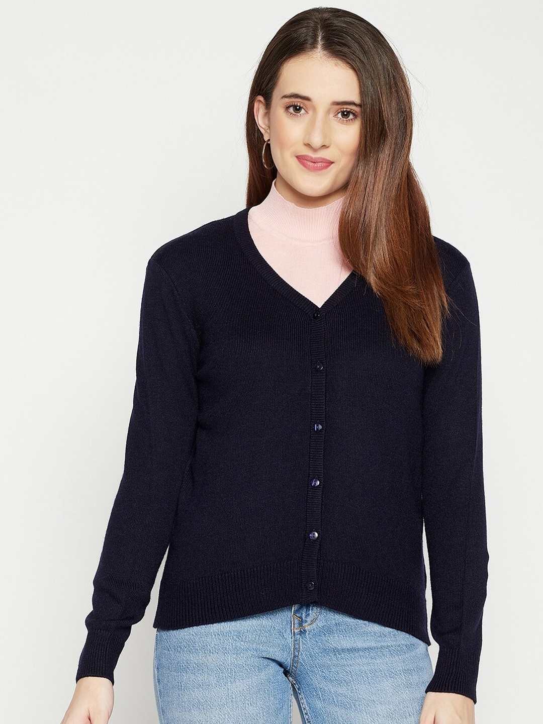 

Octave Women Navy Blue Solid Cotton V-Neck Cardigan