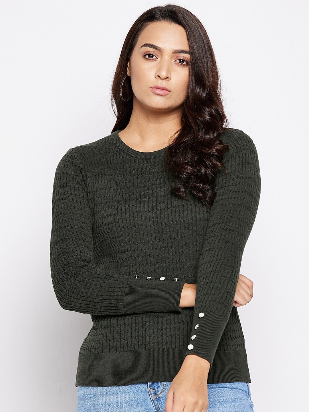 

Octave Women Olive Green Cable Knit Pullover Sweater