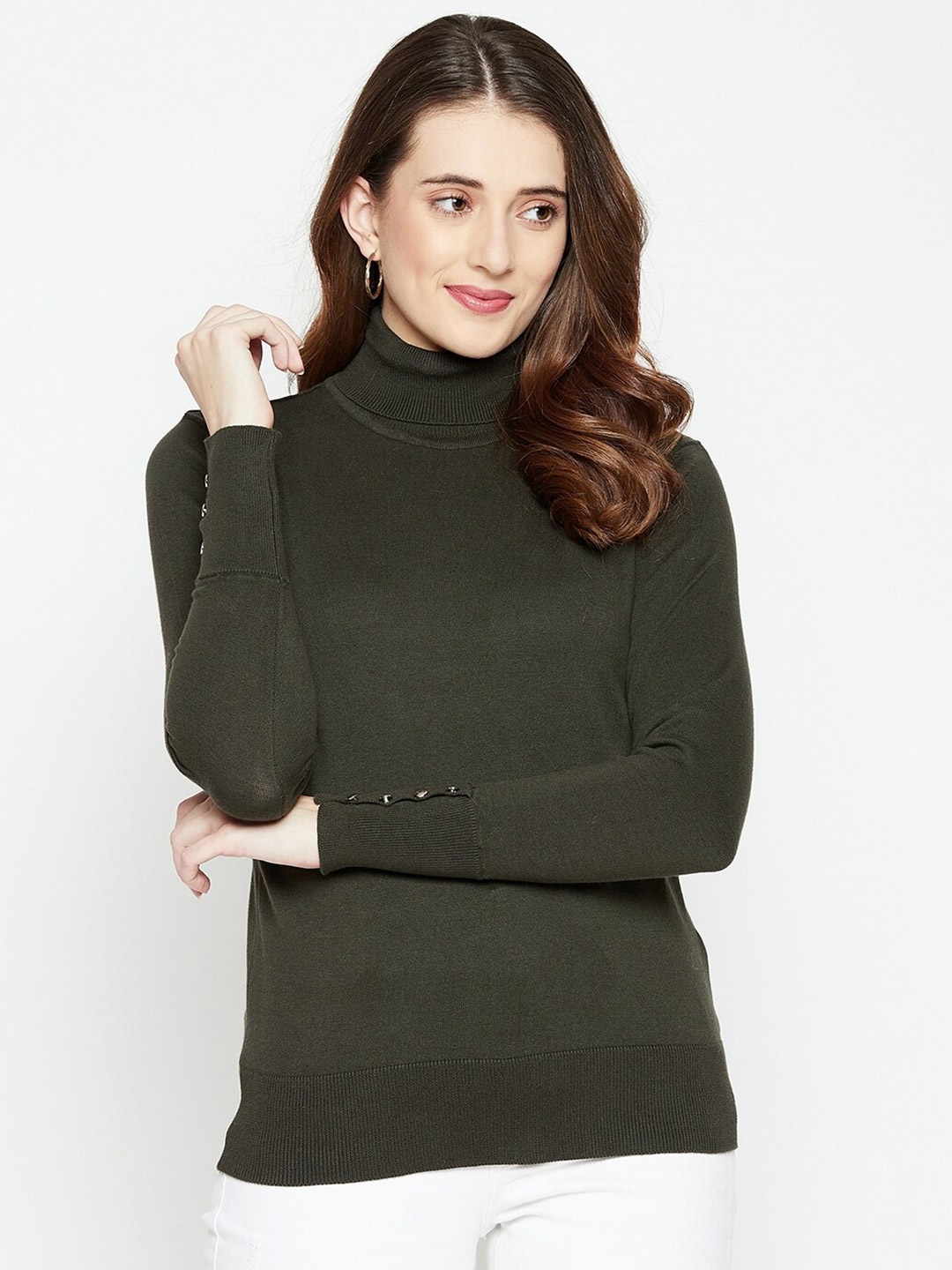 

Octave Women Olive Green Solid Turtle Neck Pullover Sweater