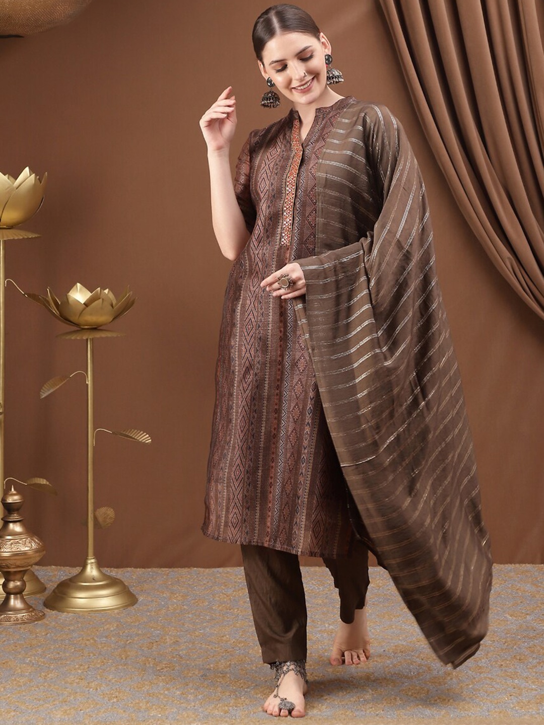 

Bani Women Women Brown Printed Chanderi Cotton Kurta with Trousers & With Dupatta