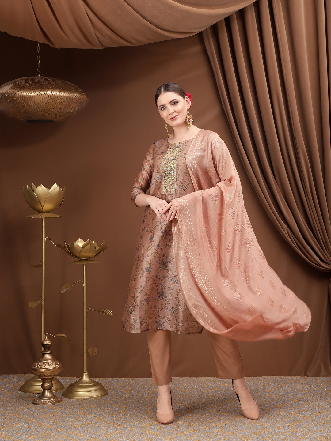 

Bani Women Women Brown Floral Printed Chanderi Cotton Kurta with Trousers & With Dupatta