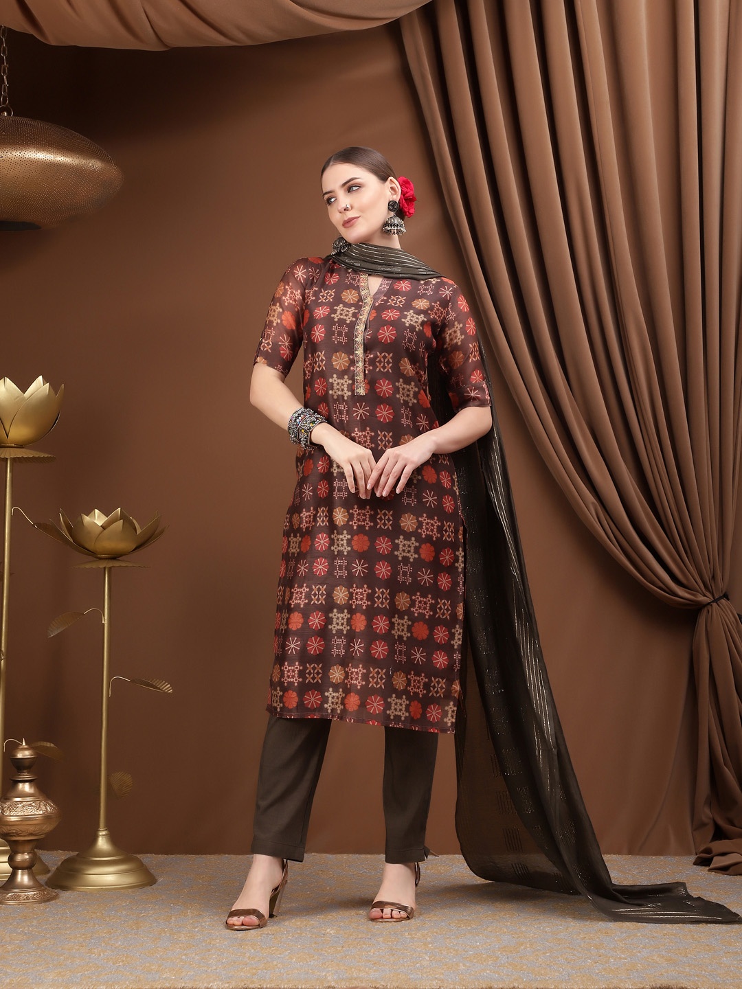 

Bani Women Women Brown Ethnic Motifs Printed Chanderi Cotton Kurta with Trousers & Dupatta