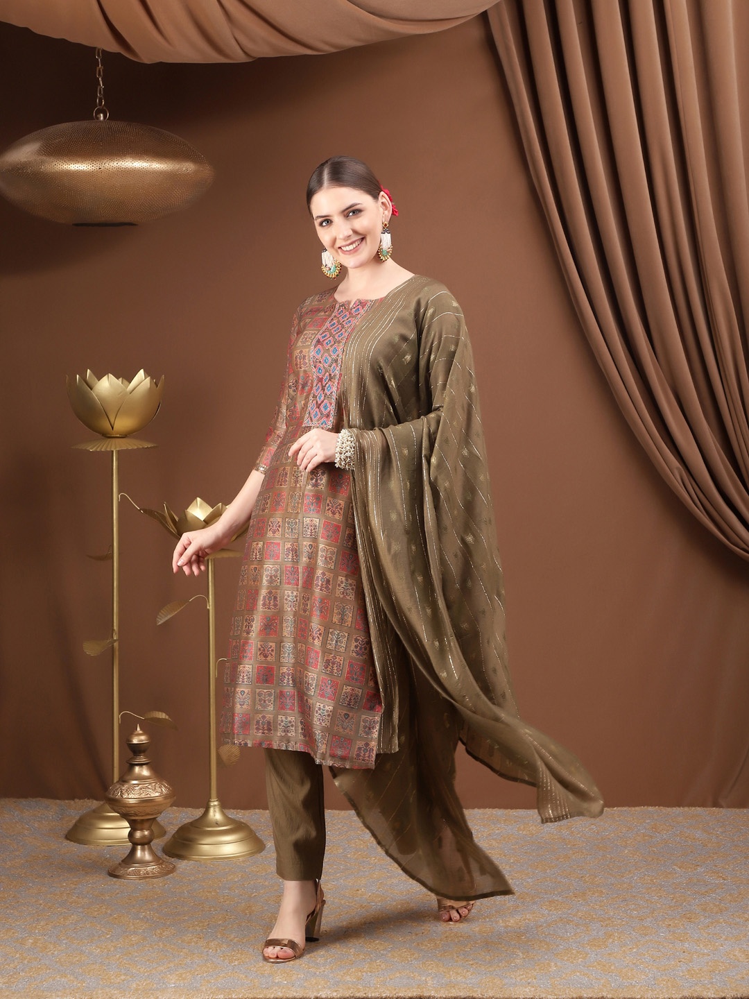 

Bani Women Women Brown Floral Printed Chanderi Cotton Kurta with Trousers & With Dupatta