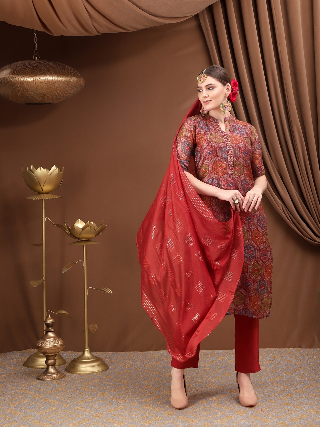

Bani Women Women Rust Printed Chanderi Cotton Kurta with Trousers & With Dupatta