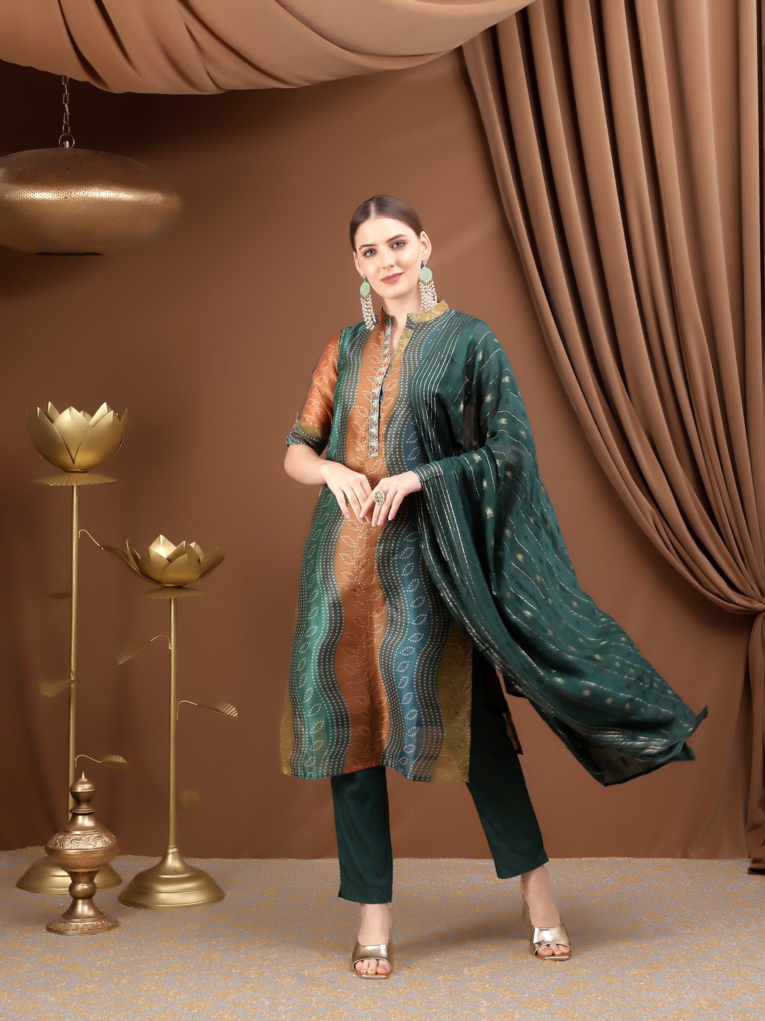 

Bani Women Women Green & Orange Printed Chanderi Cotton Kurta with Trousers & With Dupatta