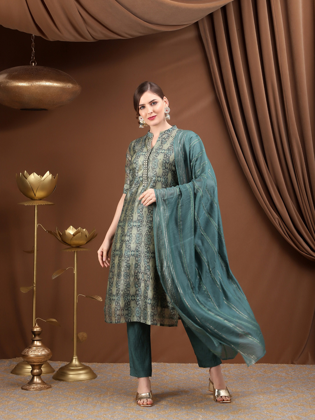 

Bani Women Women Teal Printed Chanderi Cotton Kurta with Trousers & With Dupatta