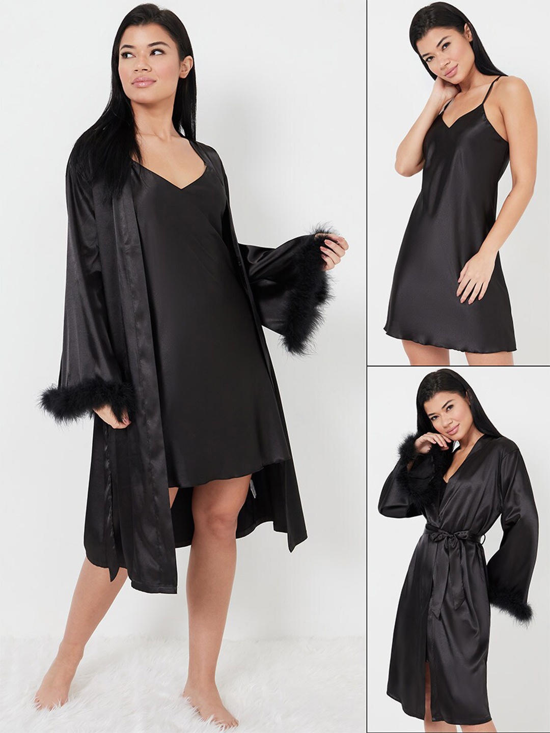 

Styli Black Pack of 2 - Satin Cami and Marabou Trim Sleeves Robe