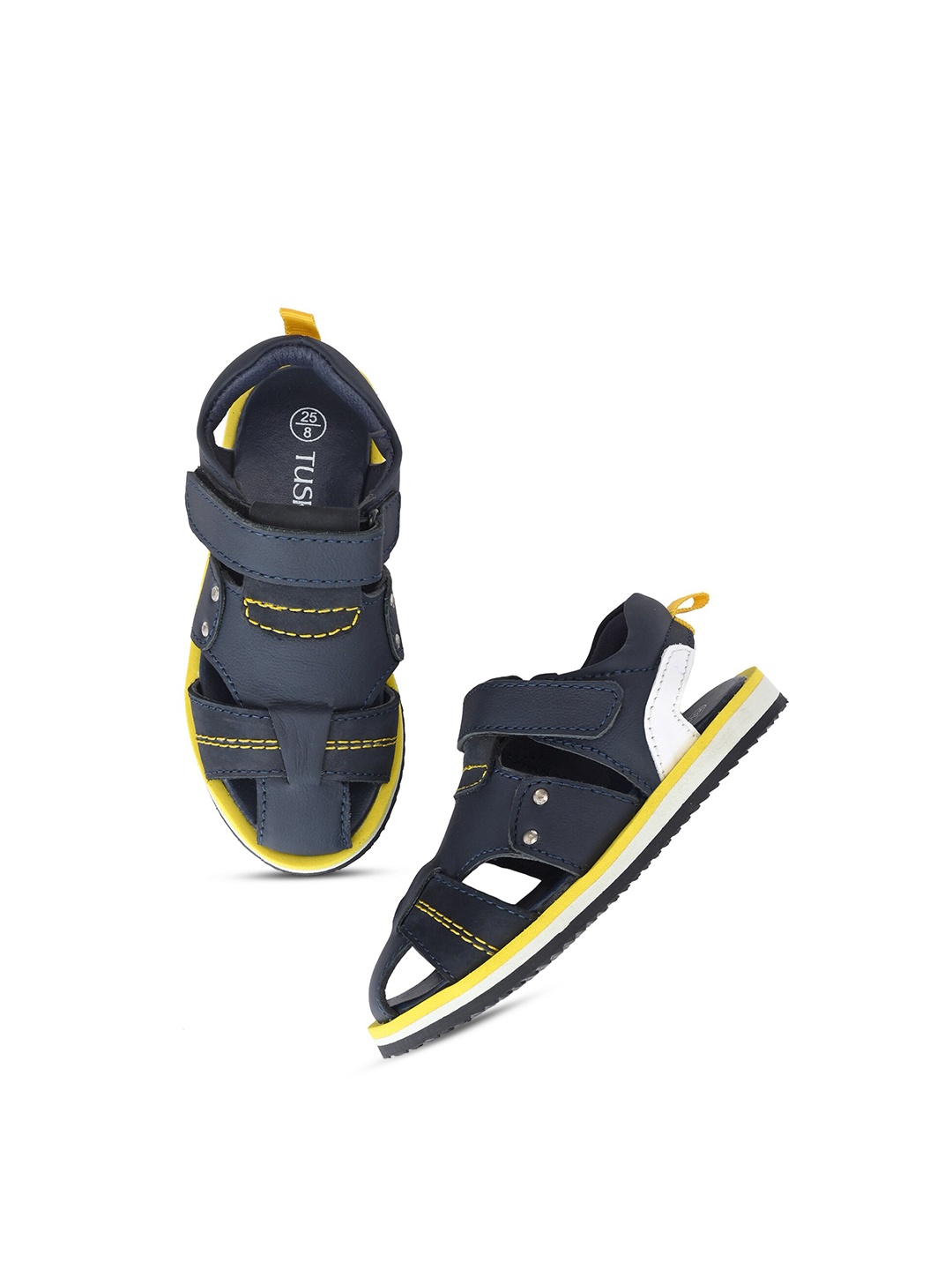 

TUSKEY Boys Navy Blue & Yellow Leather Comfort Sandals