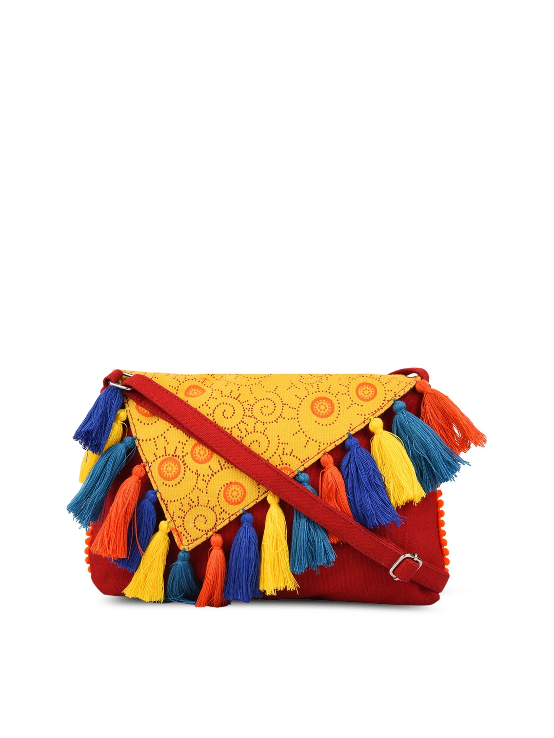 

Anekaant Red & Yellow Printed Tasseled Sling Bag