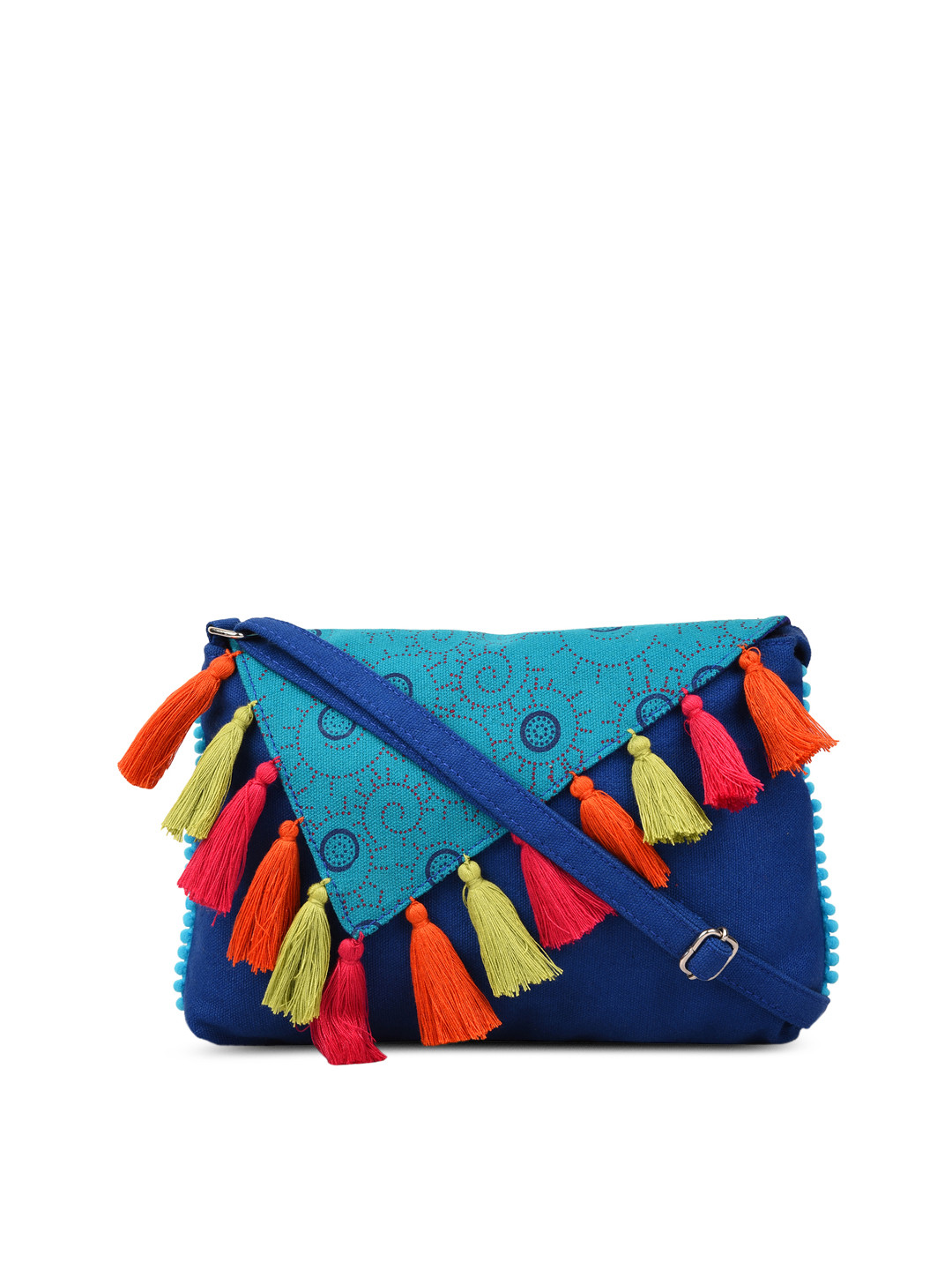 

Anekaant Frill Blue Canvas Tasseled Sling Bag