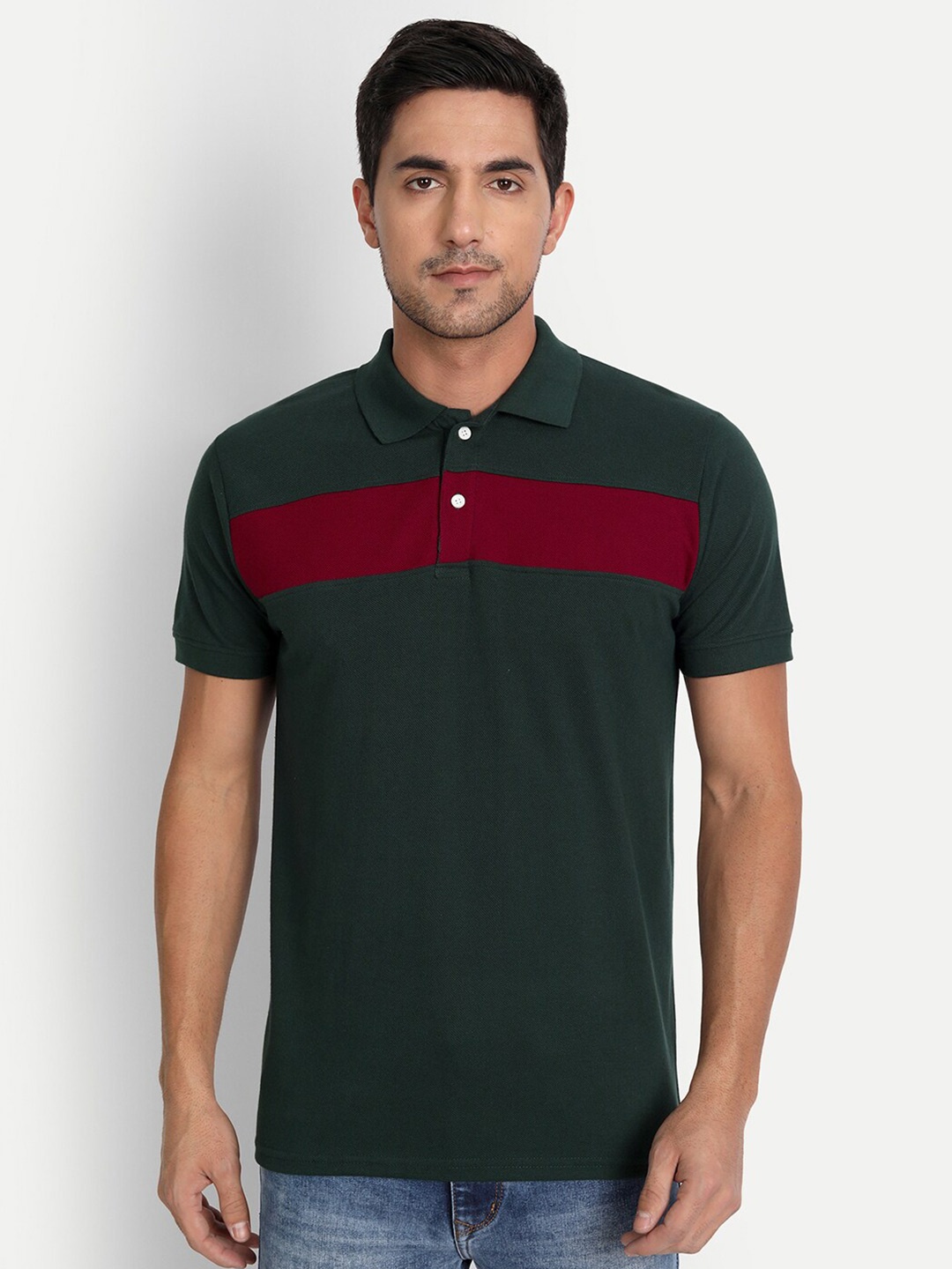 

DEZANO Men Green Polo Collar Cotton Slim Fit T-shirt