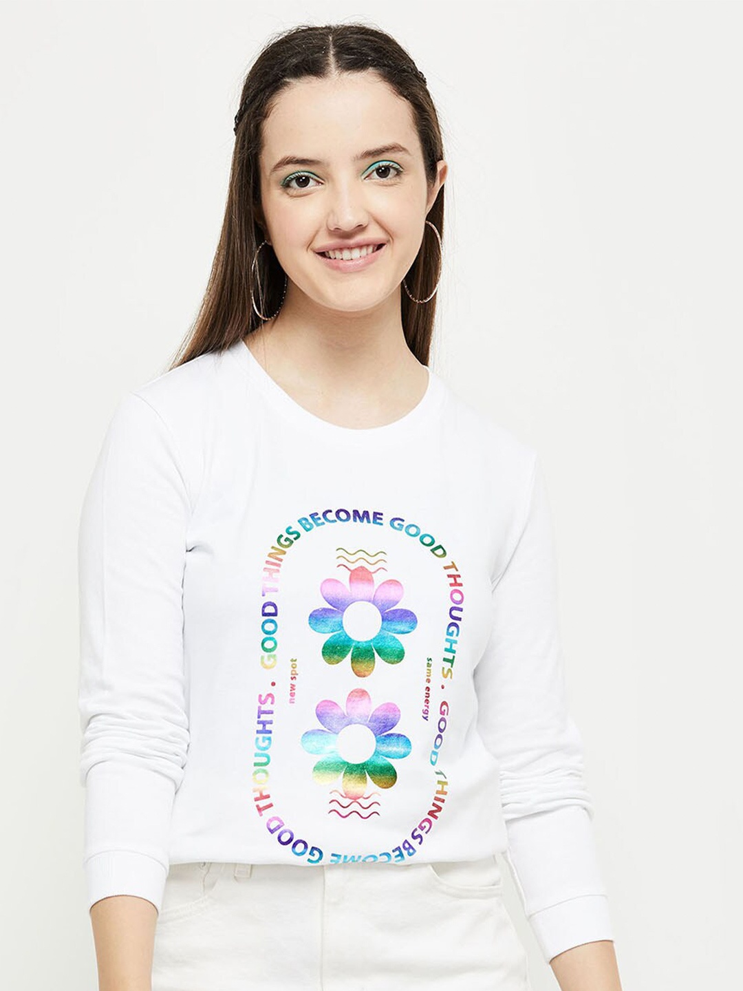 

max Women White Printed Pure Cotton Sweatshirt
