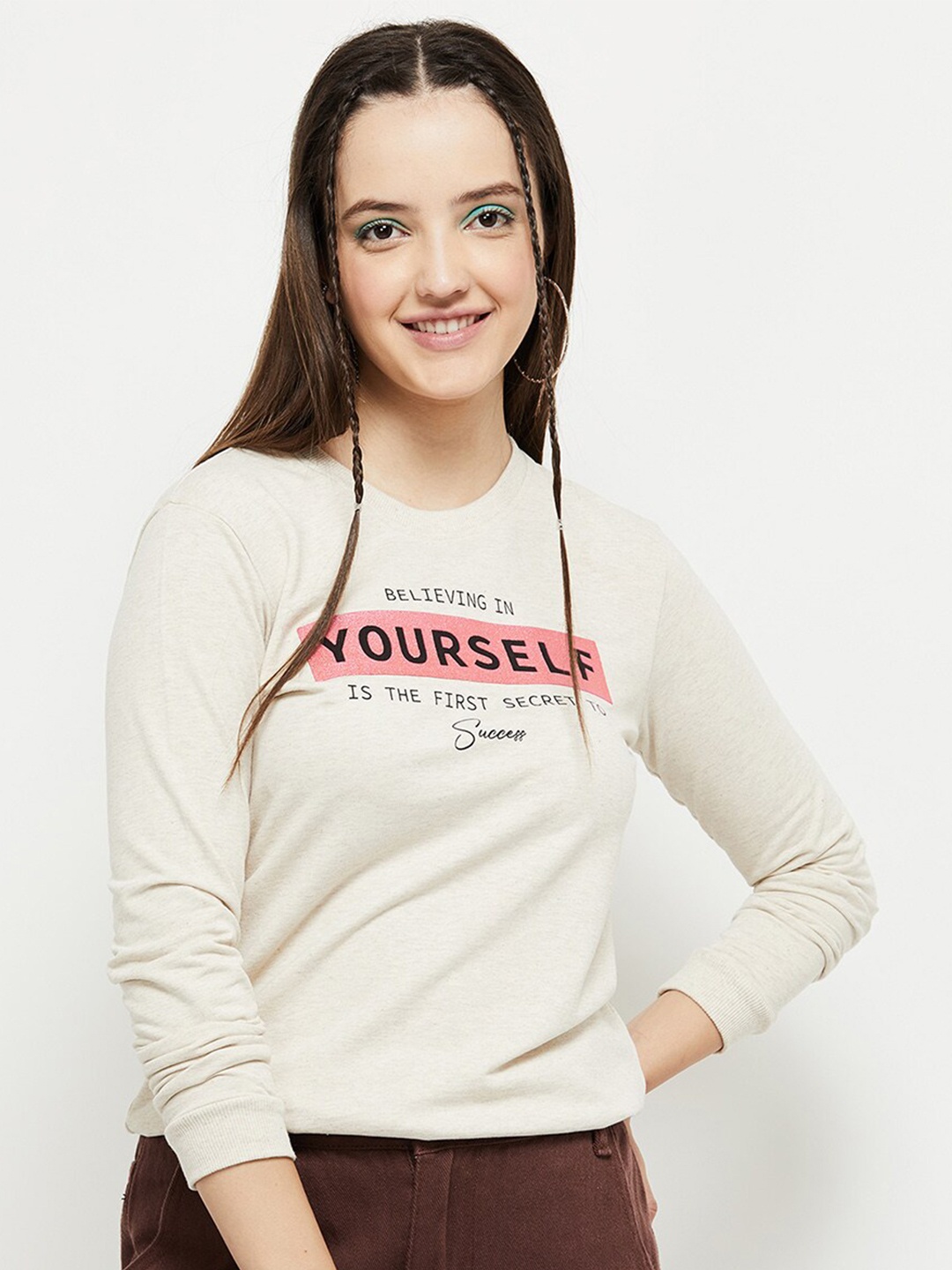 

max Women Cream-Coloured Cotton Printed Sweatshirt