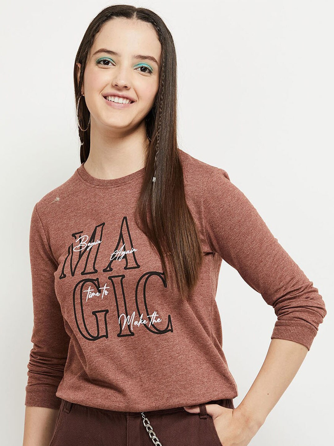 

max Women Brown Printed Pure Cotton Sweatshirt