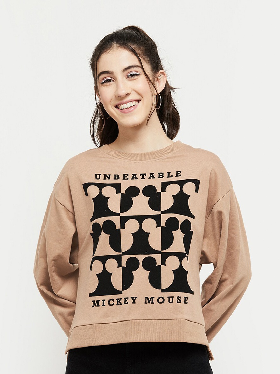 

max Women Brown Printed Round Neck Sweatshirt