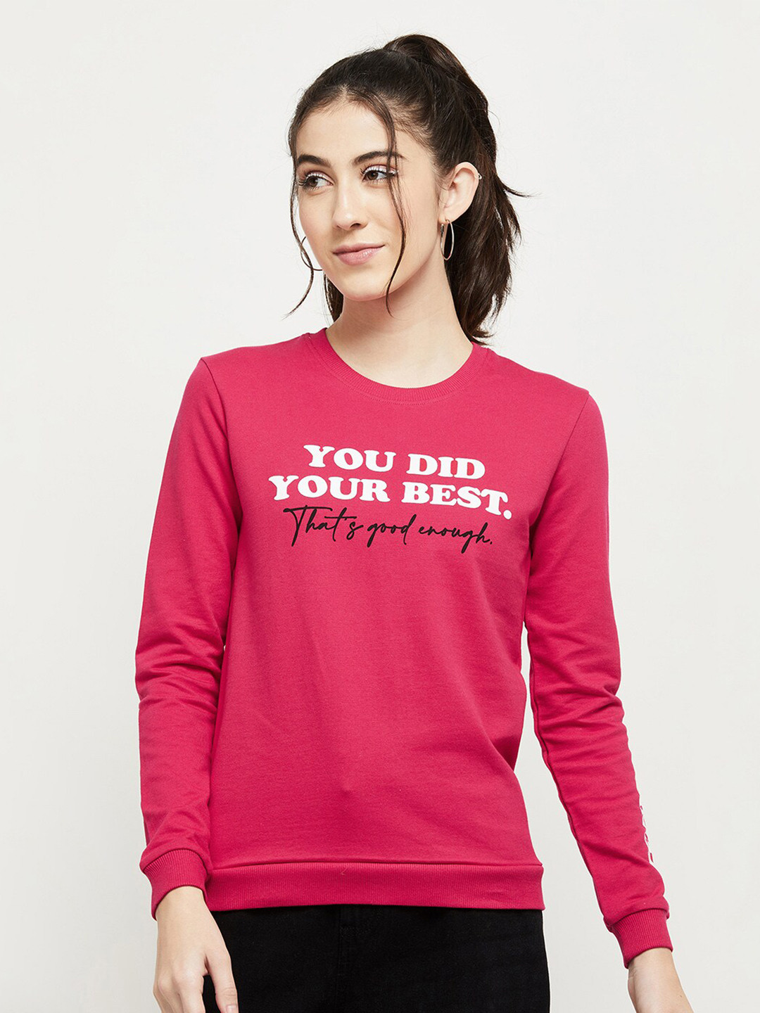 

max Women Pink Printed Pure Cotton Pullover Sweatshirt