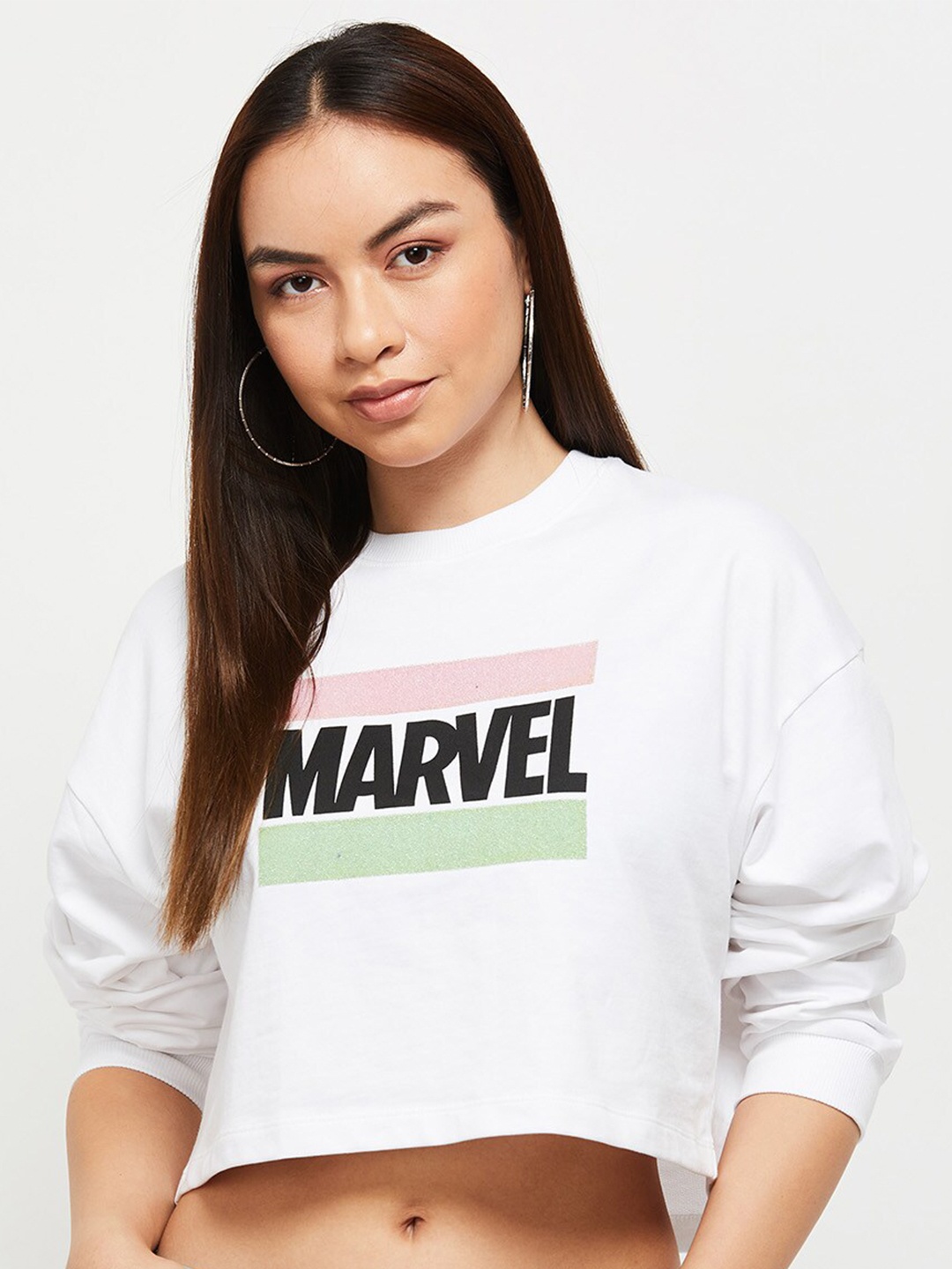 

max Women White Typography Printed Pure Cotton Crop Sweatshirt
