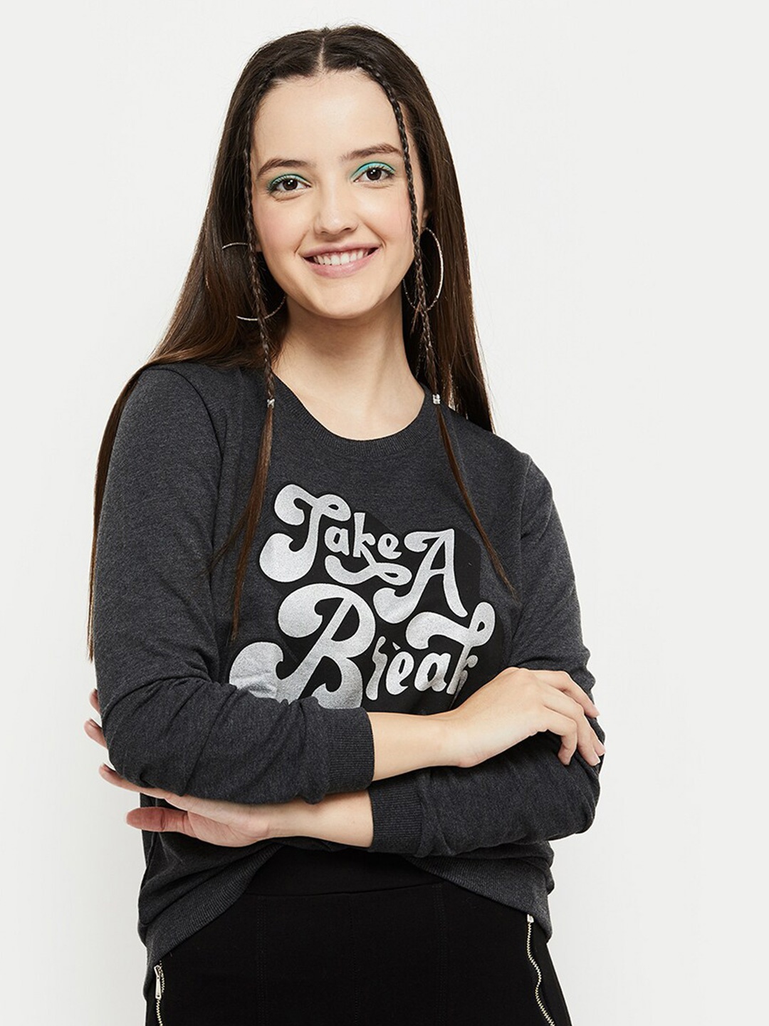 

max Women Grey Printed Cotton Sweatshirt