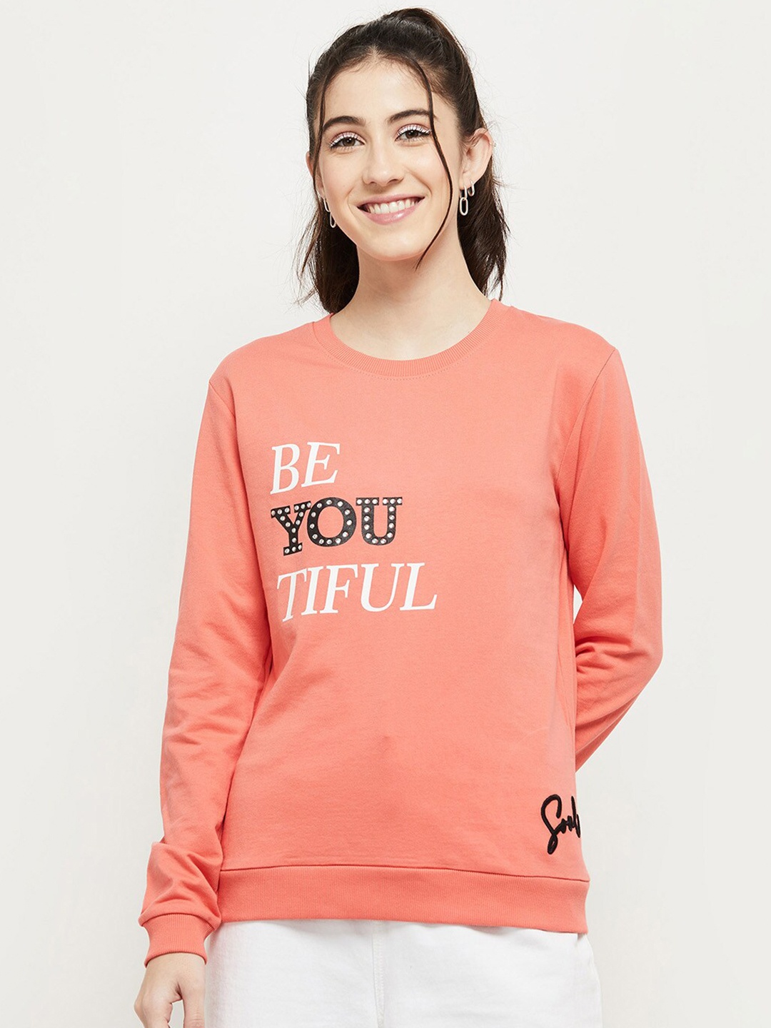 

max Women Orange Cotton Printed Sweatshirt