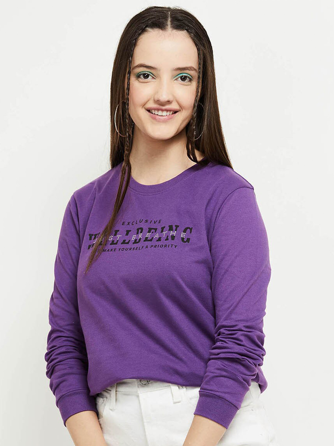 

max Women Purple Printed Cotton Sweatshirt