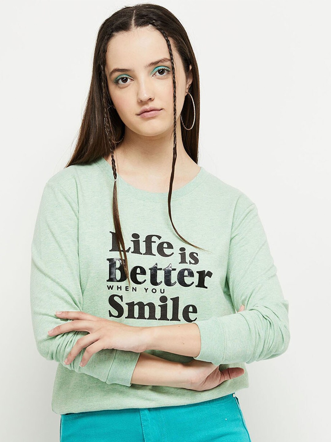 

max Women Green Typography Printed Cotton Sweatshirt
