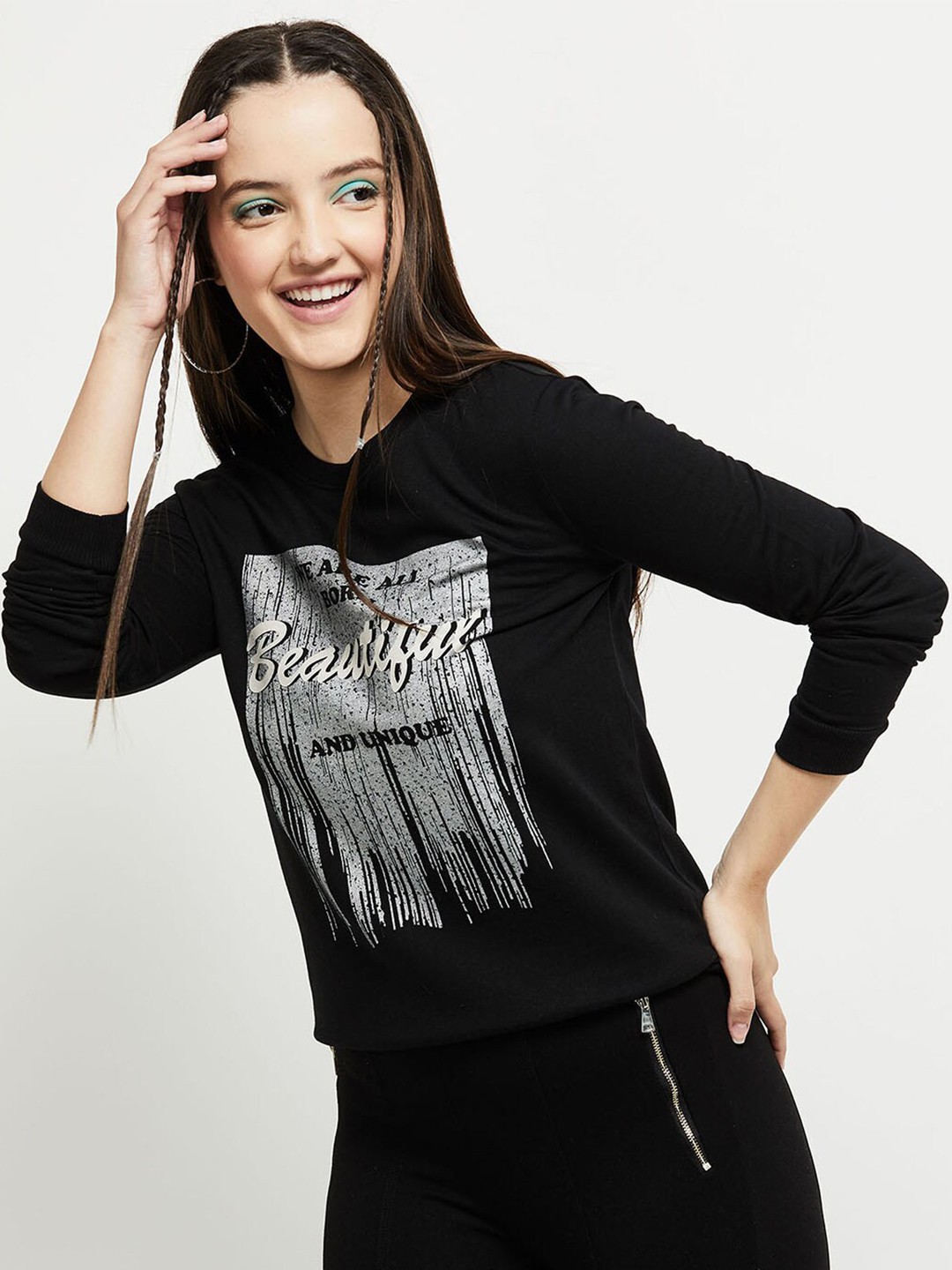 

max Women Black Printed Cotton Sweatshirt